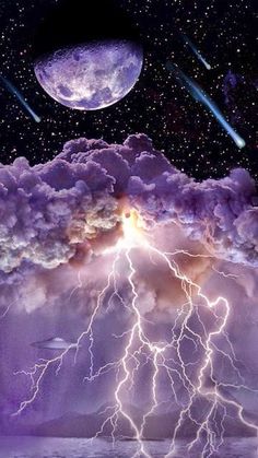 the sky is filled with clouds and lightnings as two planets are seen in the distance