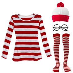 a red and white striped outfit with glasses, hat, socks and eyeglasses