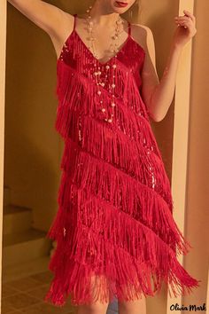 Olivia Mark - Stylish Crimson Spaghetti Strap Sling Dress enhanced with Exquisite Tassel Patchwork Embellishments 1920s Inspired Dresses, Layered Fringe, The Roaring Twenties, Dress Sleeve Length, Roaring Twenties, The Golden Age, Fringe Dress, Sling Dress, Red Midi Dress