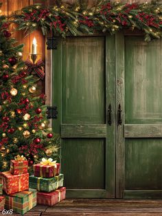 Rustic Christmas Barn Door Photography Backdrop - Rustic Christmas scene with a decorated tree Green Barn Door, Red And Gold Ornaments, Green Doors, Christmas Barn, Door Photography, Door Backdrops, Green Barn, Wrapped Presents, Christmas Backdrop