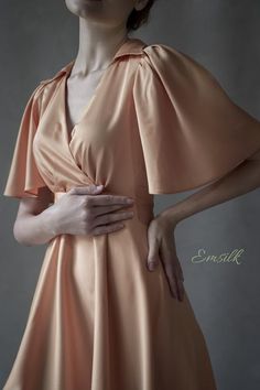 This luxury exclusive design midi dress is perfect for any events outfit or casual work outfit.100 % designed and handmade by Emsilk. I am pleased to offer your garments made to measure at no extra cost. All of my designs can be made in any colors that you see in my shop.Link to all colors in pure silk: https://www.etsy.com/shop/emsilkdesign?ref=seller-platform-mcnav&section_id=28483599* Detail: - V neckline wrapped- Pleated detail on waist- Small collar- Fully lined- Puffed sleeves- Invisib Work Outfit Casual, Fall Bridesmaid Dresses, Dress Luxury, Pink Wrap, Dress Work, Silk Dresses, Cocktail Gowns, Dress Simple, Casual Work Outfit