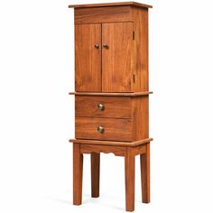 a tall wooden cabinet with two drawers on one side and an open drawer on the other