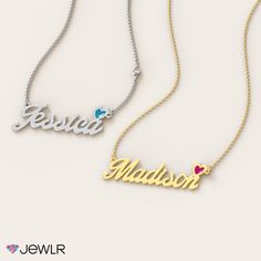 Fun and unique, you'll just love this personalized name necklace featuring a cold-enameled heart. Design your name in sterling silver, white, yellow, or rose gold, and choose your favorite cold enamel color for the heart. Complete with your choice of matching chains, or add a little extra sparkle with a cable chain featuring a 2mm bezel-set satellite natural diamond. Cold Enamel, Metal Heart, Necklace Box, Custom Boxes, Name Necklace, Heart Design, Bezel Setting, Cable Chain, Your Name