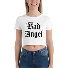 Bad Angel Halo Women's Crop Tee by Bad Angel Arts The season's trendiest garment - the crop top. This top is tight-fitting but still incredibly comfortable, and it hits just above the navel. * 52% combed ring-spun cotton, 48% polyester * Fabric weight: 3.6 oz/yd² (122 g/m²) * 40 singles * Slim fit * Side-seamed construction See more at badangelarts.etsy.com Thank you for looking! © 2023 Bad Angel Arts All images are protected under Copyright Law. Letter Print Cotton Crop Top, Trendy Logo Print Crop Top For Spring, Basic Cropped T-shirt With Letter Print For Summer, Cropped Tops With Letter Print And Relaxed Fit, Basic Graphic Print Crop Top For Summer, Cropped Relaxed Fit Tops With Text Print, Cropped Relaxed Fit Top With Letter Print, Fitted Logo Print Casual Crop Top, Fitted Logo Print Crop Top For Summer