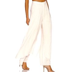 New! The Step Aside Pant By C/Meo Collective Draped Layered Fabric Tiers High Waisted With Centre Front Fly Wide Leg Chic Bottoms With Side Slits For Day Out, Spring Loungewear Bottoms With Side Slits, Chic Bottoms With Side Slits For Spring, Chic Summer Pants For Daywear, Chic White Bottoms With Side Slits, Chic Bottoms With Side Slits, Chic Summer Bottoms With Side Slits, Summer Trousers With Side Slits, Chic Vacation Bottoms With Side Slits