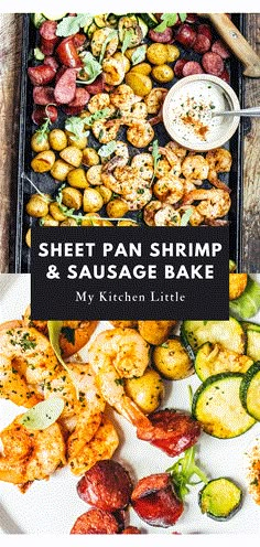 sheet pan shrimp and sausage bake with the title overlay