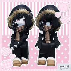 two dolls are dressed in black and brown clothing