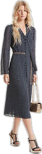 Formal Polka Dot Midi Dress For Summer, Polka Dot Midi Dress For Summer Formal, Elegant Polka Dot Dress For Work, Elegant Polka Dot Midi Dress For Spring, Chic Polka Dot Knee-length Midi Dress, Polka Dot Work Dresses For Spring, Chic Polka Dot Midi Dress, Polka Dot Dresses For Spring Workwear, Polka Dot Midi Length Dresses For Work