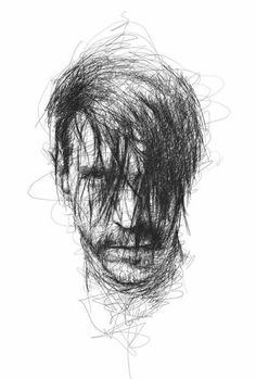 a black and white drawing of a man's face with hair blowing in the wind