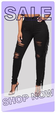 Black Fashion Casual Solid Tassel Ripped High Waist Regular Denim Jeans Jeans Online, Wholesale Fashion, Fashion Casual, Black Fashion, Denim Jeans, Tassels, Black Jeans, Casual Fashion, High Waist