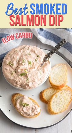 a bowl of smoked salmon dip with garlic bread on a white plate next to it