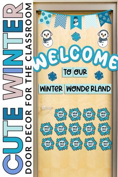 a welcome sign for winter wonderland island with snowmen on the front door and numbers in blue