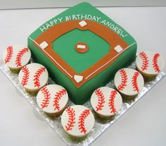 a baseball themed birthday cake with nine cupcakes