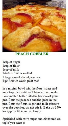 the recipe for peach cobbler is shown here