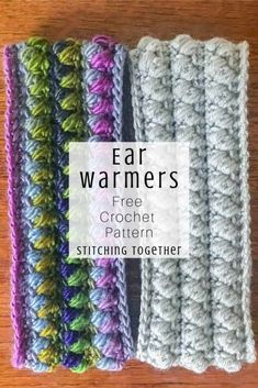 four crochet patterns with text overlay that reads, ear warmers free crochet pattern