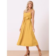 You will love this sweet dress in your spring-summer outings. This dress features a sleeveless and square neck with a Solid color for eye-catching. You can pair them with your block-heeled sandals or mule shoes to complete the look. You can also accessorize with a wide-brimmed sun hat, sunglasses, and a cute beach bag for a vacation style. This dress is suitable for many occasions, such as dating, daily wear, dancing, holidays, etc. Maxi Sundresses, Boho Dresses Long, Mule Shoes, Chiffon Wrap, Midi Sundress, Yellow Midi Dress, Wide Brim Sun Hat, Maxi Sundress, Summer Boho