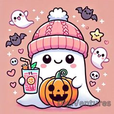 a cartoon snowman holding a drink and wearing a knitted hat with halloween decorations around it