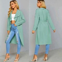 Mint Green Waterfall Collar Belted Coat,Not A Winter Coat But Good To Layer Up Winter Fasion, Green Waterfall, Long Green Coat, White Fur Coat, Shein Jackets, Long Peacoat, Oversized Jean Jacket, Cozy Jacket, Distressed Jean Jacket