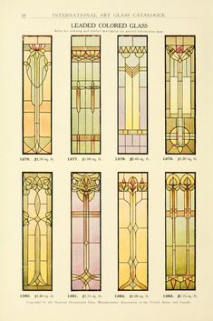 several different stained glass windows in various shapes and sizes, including one with an ornamental design