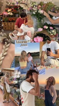 the collage shows many different people and flowers in their hair, with one woman looking at her phone