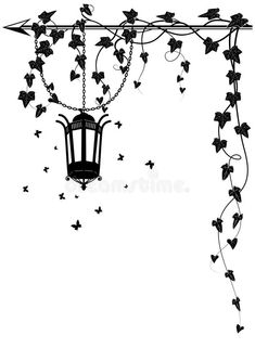 a lantern hanging from a vine with butterflies on it's side, in black and white