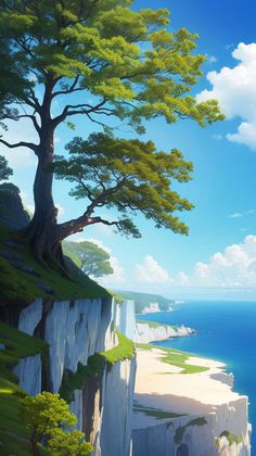 a painting of a tree on the edge of a cliff by the ocean with blue sky and clouds