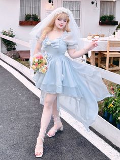 Elevate your girly charm with our enchanting light blue princess dress. This delightful short version features puff sleeves and a basque waist, creating a flattering silhouette that's both sweet and elegant. The adorable bowknot details add a touch of whimsy, making it perfect for any kawaii-inspired outfit. Whether you're attending a tea party or simply want to exude a princess-like aura, this dress is the ultimate choice.  Please note that this product includes only the dress, the train is not Light Blue Princess Dress, Coquette Birthday Party, Princess Dress Short, Royal Status, Coquette Birthday, Blue Princess Dress, Plus Size Kawaii, Punk Skirt, Princess Look