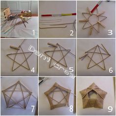 the steps to make a star ornament out of popsicle sticks