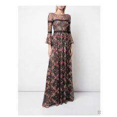 Marchesa Notte Black Floral Embroidered Lace Long Bell Sleeve Romantic Gown Size: 4 Us Color: Black/Pink/Green/Metallic Bust: 35in. Waist: 29in. Hip: 70in. Length: 61in. Vines Of Rosy Embroidery Dance Across This Romantic Lace-Trimmed Dress Made From Metallic Swiss-Dot Tulle That Shimmers In The Moonlight. Hidden Back-Zip Closure Bateau Neck Bracelet-Length Sleeves Lined 72% Nylon, 28% Metallic Fibers With 100% Nylon Trim Dry Clean Brand New With Tag. Elegant Pink Maxi Dress With Floral Embroidery, Elegant Pink Floral Embroidered Maxi Dress, Evening Embroidered Lace Maxi Dress, Black Floral Print Gown For Gala, Pink Embroidered Dress For Gala, Black Floral Print Evening Gown, Black Floor-length Gown With Floral Print, Black Floral Print Floor-length Gown, Black Floral Evening Gown