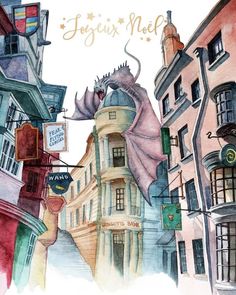 a watercolor painting of buildings and a dragon