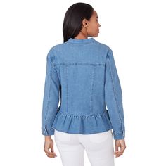 Ruby Road's ever-so-comfortable stretch denim jacket is detailed with a forward point collar, patch pockets, long sleeves, an easy button front and a ruffled hem. Pair it with everything from jeans and skirts to your favorite pants or capris. This style is also available in White. Long Sleeve Cotton Denim Jacket With Ruffles, Long Sleeve Denim Jacket With Ruffles For Fall, Fall Denim Top With Ruffles, Casual Ruffled Denim Jacket For Fall, Fall Denim Jacket With Ruffles, Fall Cotton Denim Top With Ruffles, Fitted Denim Outerwear With Ruffles, Fall Denim Outerwear With Ruffles, Casual Ruffled Denim Top For Fall