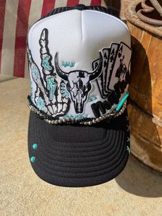 Custom Punchy Mama trucker patch hat. This hat come with 4 patches, two trucker hat chains, two rivets, 1 custom pin, and hand stitches. Made on a mesh SnapBack trucker hat.  Please note that hand stitching will be different from hat to hat. I will get it close but will not guarantee any two will look alike. Also, I'm not a seamstress, so they will not and are not meant to look perfect. Diy Hats, Hand Stitches, Western Clothes, Bag Patches, Custom Trucker Hats, Patch Hat, Diy Hat, Hat Ideas, Custom Hats