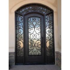 single door with two sidelights and beautiful scrollwork Wrought Iron Entry Doors, Wrought Iron Front Door, Iron Front Door, Iron Entry Doors, Iron Door Design, Door Sweep, Wrought Iron Doors, Iron Door, Front Door Design