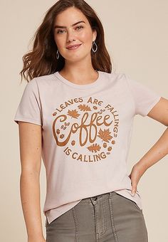 Leaves Are Falling Coffee Is Calling Classic Fit Graphic Tee | maurices Sneaker Heels Wedges, Wide Leg Jeans Cropped, Fall Graphic, Work Essentials, Easy Stretches, Autumn Coffee, Curvy Jeans, Wide Calf, Midi Maxi Dress