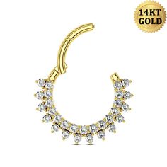 Description: Unique double row clear CZ design makes the diamond septum nose ring more elegant and exquisite, it is a great gift for your love, daughter, for a party, anniversary and so many other occasions. Safe Material: Made of 14K gold, 100% lead-free, 100% nickel-free. Hinged Segment: We made repeated tests to ensure the segment is easy to open and close, and won't fall off. Smooth Surface: High polished smooth surface, comfortable for wearing without sharp edge and no irritation to your sk Elegant Cubic Zirconia Septum Ring With Diamond Accents, Elegant Septum Ring With Prong Setting In Cubic Zirconia, Elegant Cubic Zirconia Septum Ring With Prong Setting, Elegant Hoop Septum Ring With Prong Setting, Elegant Diamond Septum Ring With Accents, Elegant Wedding Septum Ring With Prong Setting, Elegant Diamond Septum Ring For Wedding, Elegant Gold Septum Ring With Diamond Accents, Elegant Hypoallergenic Nose Rings For Weddings