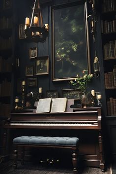 a room with a piano, chandelier and bookshelves