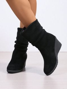 Round Toe Wedge Heel Short Boots, Comfortable Suede Mid-Calf Warm Lined Winter Boots For Women, Plus Size, Black Leopard Print Black         Women Shoes, size features are:Bust: ,Length: ,Sleeve Length: Boots Black Women, Short Heel Boots, Short Winter Boots, Boots Dress, Boots For Short Women, 2024 Spring Summer, Dress Boots, Boots Women Fashion, Womens Mid Calf Boots