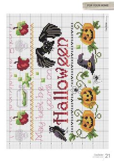 a cross stitch pattern with the words happy halloween and pumpkins on it's side