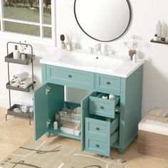 a bathroom vanity with two drawers and a mirror