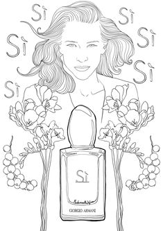 a drawing of a woman holding a bottle of perfume in front of her face and flowers