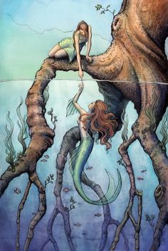 the mermaid and the octopus are swimming in the water together, with one woman reaching for an octopus