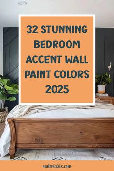 Bedroom with a wooden bed, green plants, and a dark accent wall. Text: "32 Stunning Bedroom Accent Wall Paint Colors 2025". Bedroom Accent Wall Paint Colors, Bedroom Feature Wall, Bedroom Wainscoting