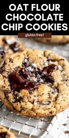 oat flour chocolate chip cookies on a cooling rack with text overlay that reads oat flour chocolate chip cookies