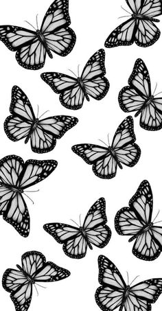 a group of butterflies flying in the air with black and white markings on their wings