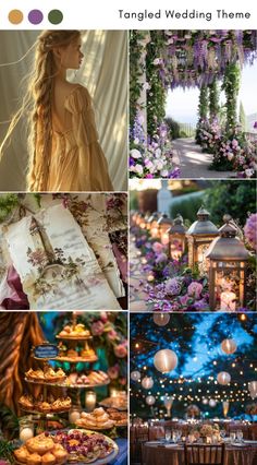 a collage of photos with flowers, candles and desserts in the foreground