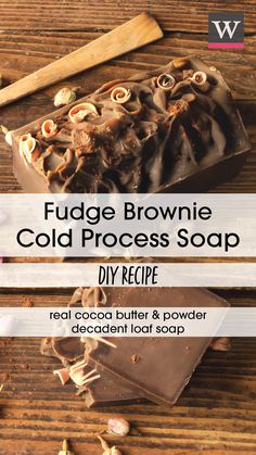 fudge brownie cold process soap recipe with text overlay that reads fudge brownie cold process soap recipe