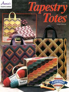 an advertisement for tapestry totes with knitting supplies