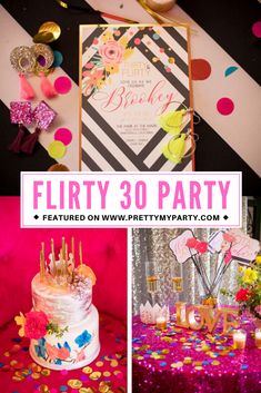 a collage of photos with the words flirty 30 party written on it and decorations