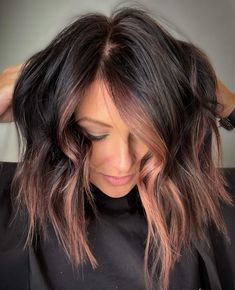 22 Prettiest Ways to Get Rose Gold Highlights for Every Hair Color Fall Hair Color For Brunettes With Money Pieces, Watermelon Brunette Hair, Money Piece Hair Rose Gold, Dark Hair Color Money Piece, Modern Hair Highlights, Rose Gold On Brunette Hair, Dark Brown With Rose Gold Highlights, Brunette With Money Piece Short, Rose Money Piece Hair