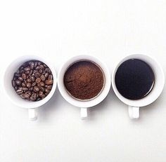 three coffee mugs filled with different types of coffee beans and ground in each cup